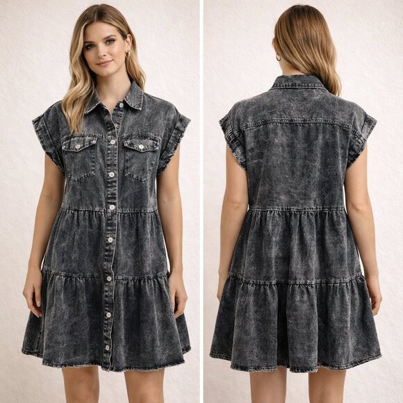 Savanna Jane Dresses & Skirts - Savanna Jane Black Washed Denim Button Front Tiered Shirt Dress Size M
